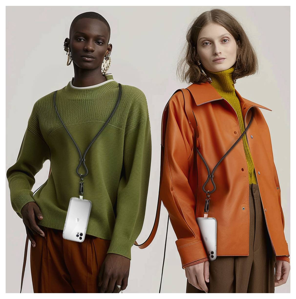 Zwei Modemodels posieren vor einem schlichten Hintergrund, jedes trägt eine Schnur mit einer Handyhülle um den Hals und präsentiert übergroße Strickware und eine leuchtend orange Jacke.