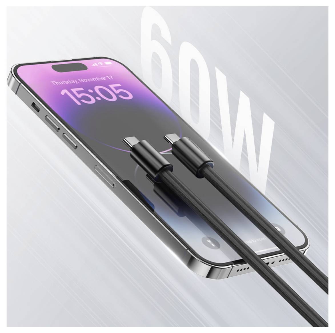 Smartphone mit zwei eingesteckten Ladekabeln, mit großem Text "60W" zur Anzeige des Schnellladens.