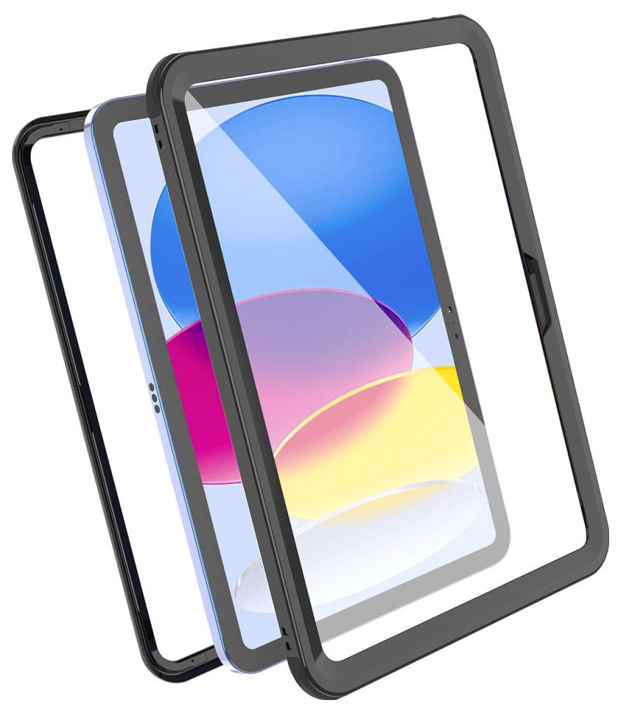 Drei sich überlappende Displayschutzfolien oder Hüllen für Tablets in Schwarz, Grau und Blau, schräg auf weißem Hintergrund angeordnet.
