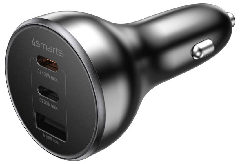 Schwarzes Auto-Ladegerät mit zwei USB-C-Anschlüssen und einem USB-A-Anschluss, mit der Bezeichnung „4smarts", auf weißem Hintergrund abgebildet.