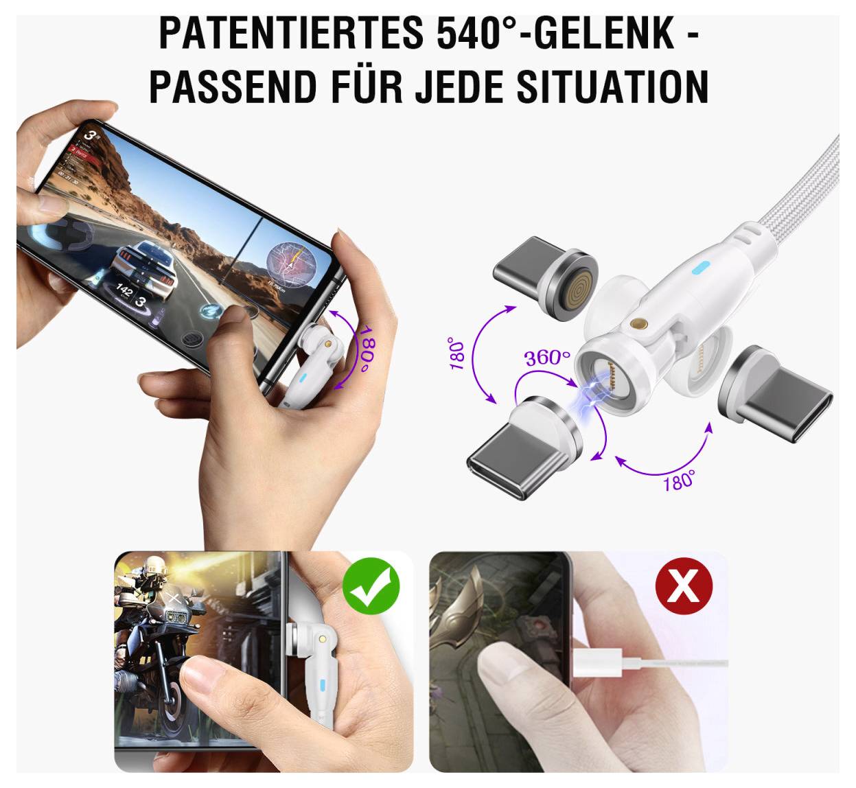 Werbebild für eine "Patentierte 540°-Gelenk"-Handyhalterung, die einen magnetischen Schwenkarm mit 360°- und 180°-Drehung für flexible Betrachtung in jeder Situation zeigt.