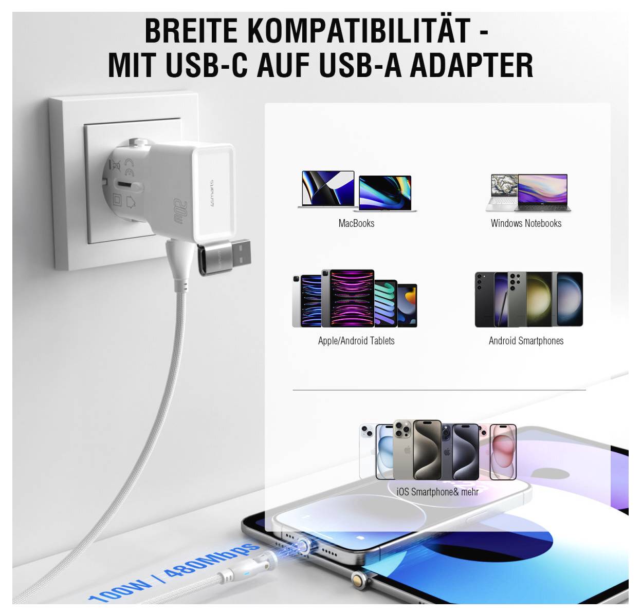 USB-C auf USB-A-Adapter, der in ein Wandladegerät eingesteckt ist, mit Text „BREITE KOMPATIBILITÄT - MIT USB-C AUF USB-A ADAPTER" und Gerätekompatibilitätssymbolen für MacBooks, Windows-Notebooks, Tablets und Smartphones.