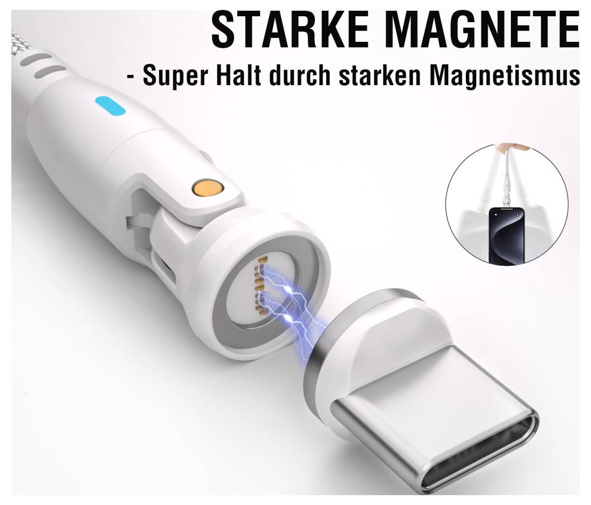 Werbegrafik eines magnetischen Ladekabels, das unter Belastung trennt, mit der Beschriftung „STARKE MAGNETE - Super Halt durch starken Magnetismus."