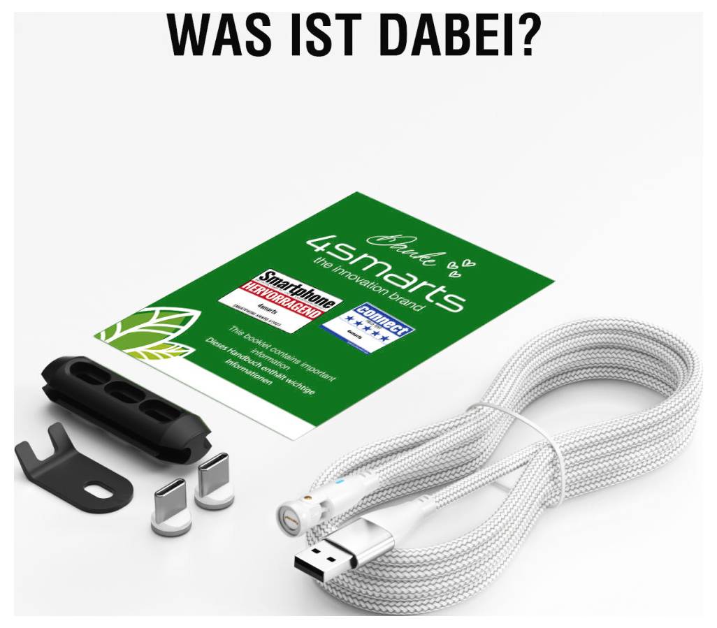 Weißes geflochtenes USB-Ladekabel mit Befestigungsklips und einer grünen "4Smarts"-Verpackung, dargestellt unter der Überschrift "WAS IST DABEI?" zur Anzeige des enthaltenen Zubehörs.