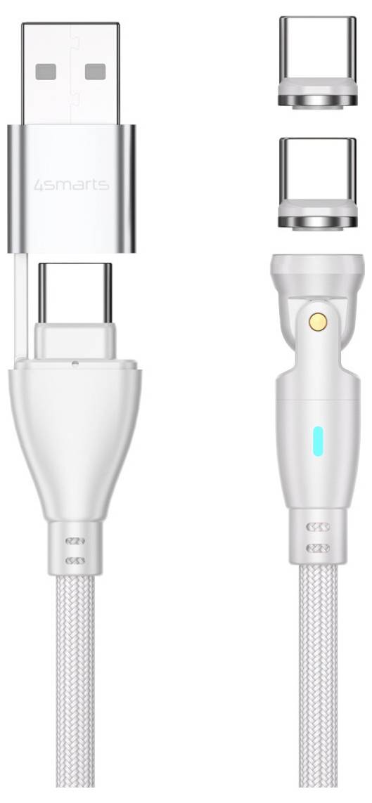 USB-Ladekabel mit austauschbaren magnetischen Anschlüssen, von mehreren Winkeln auf weißem Hintergrund gezeigt.