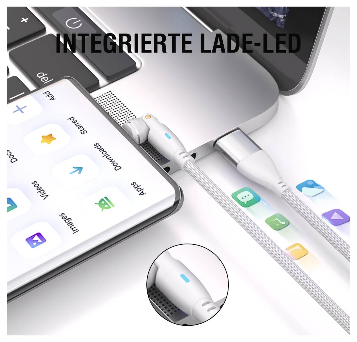Geräte laden mit integrierten LED-Kabeln, die mit einem Laptop und Smartphone verbunden sind, mit dem Text „INTEGRIERTE LADE-LED", das die Funktion hervorhebt.