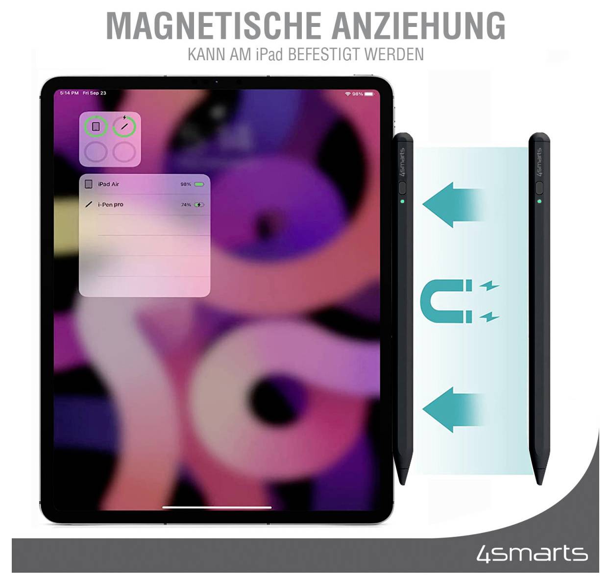 Illustration eines iPads mit magnetischer Seitenanbringung, die zeigt, wie ein Apple Pencil an das Tablet andockt; deutscher Text sagt „Magnetische Anziehung kann am iPad befestigt werden".