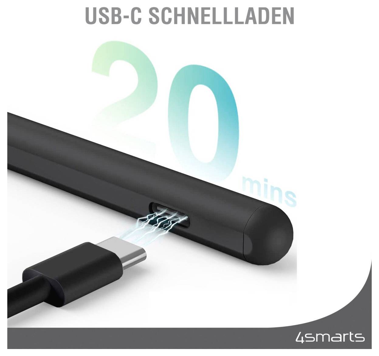 USB-C Schnellladekabel eingesteckt in ein schwarzes Gerät, mit Text „USB-C SCHNELLLADEN" und „20 Minuten" hebt die schnelle Ladezeit hervor.