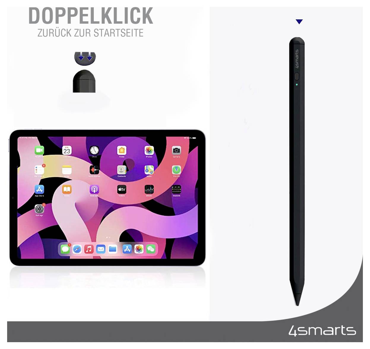 Produktbild mit einem schwarzen 4smarts Stylus und einem iPad. Das Bild zeigt deutschen Text mit "Doppelklick" und "Zurück zur Startseite", was anzeigt, dass die Doppelklick-Aktion zur Startseite zurückkehrt.