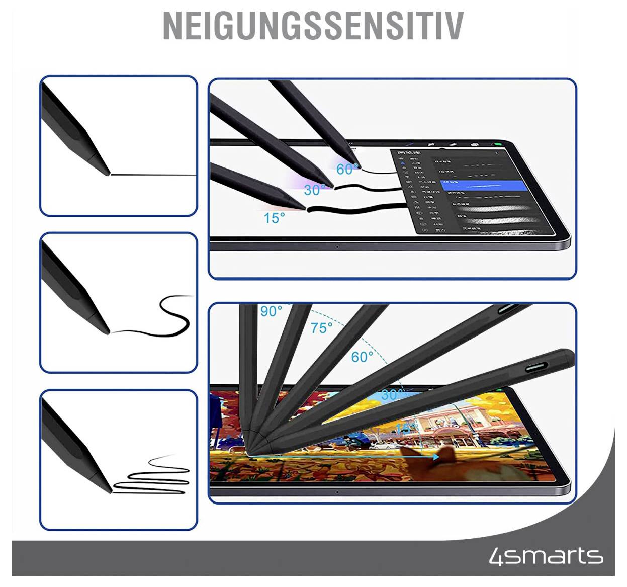 Diagramm zeigt einen Stift mit „Neigungsempfindlichkeit" bei 15°, 30°, 60°, 75° und 90°, wobei sich Strichbreite und -form mit dem Winkel auf einem Tablet-Bildschirm ändern.