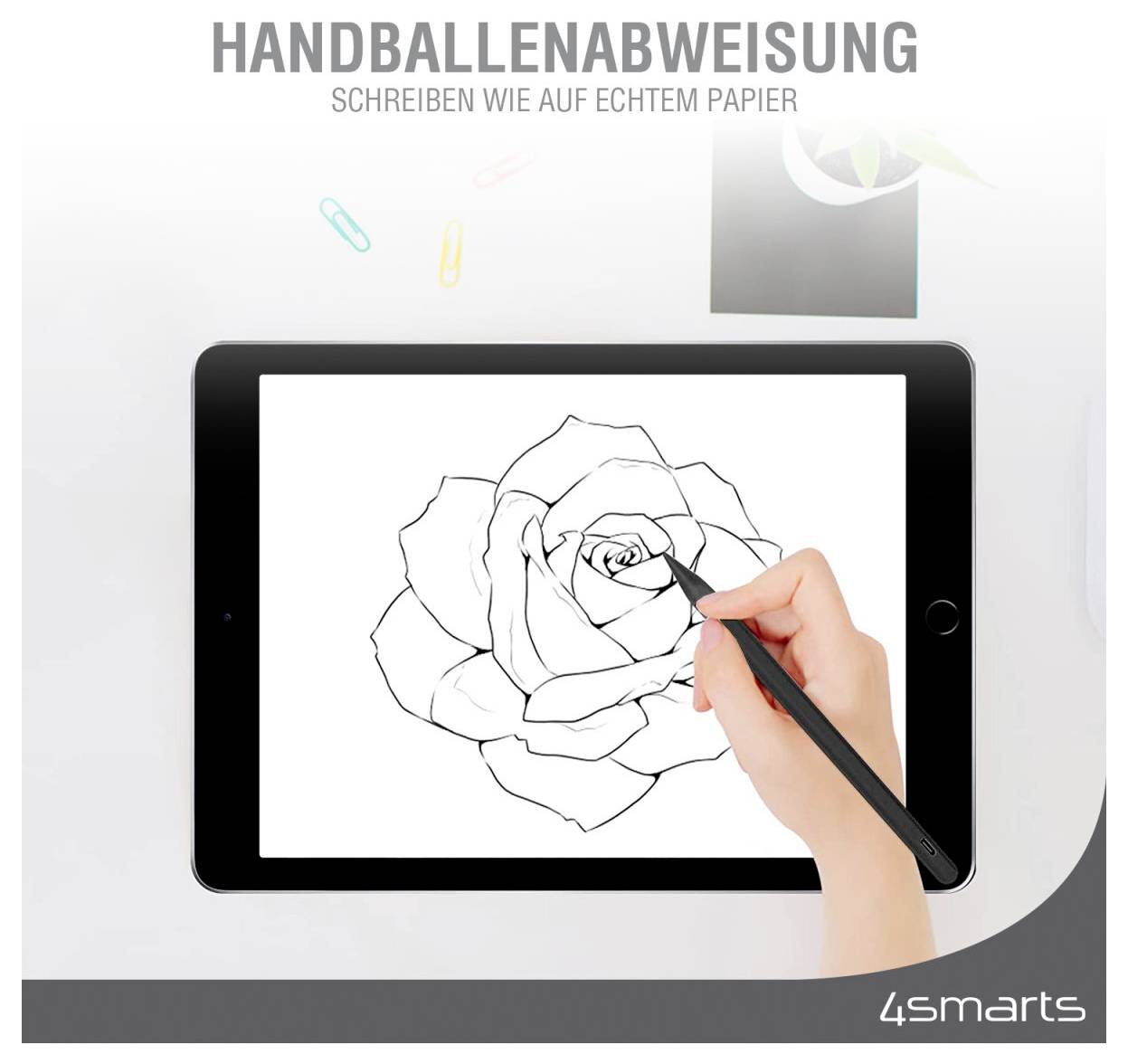 Handzeichnung einer Rose auf einem Tablet; deutscher Text liest sich „HANDRELLENANWEISUNG" und „SCHREIBEN WIE AUF ECHTEM PAPIER".