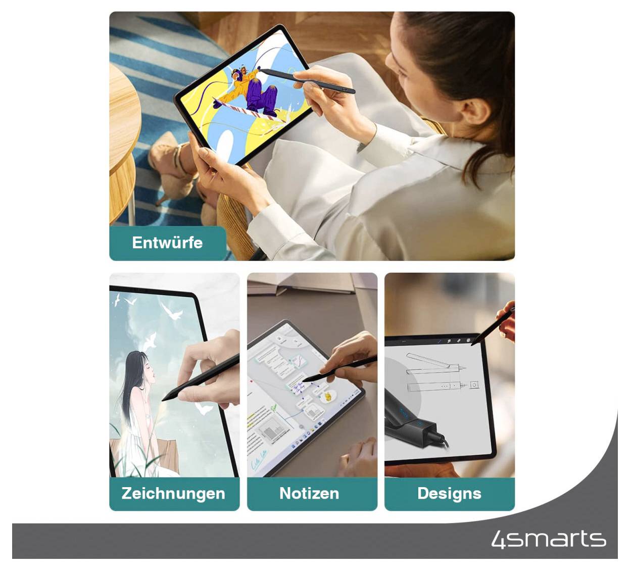 Collage der Verwendung von Tablet-Stift mit 'Entwürfe', 'Zeichnungen', 'Notizen' und 'Designs' für digitale Skizzen und Notizen.