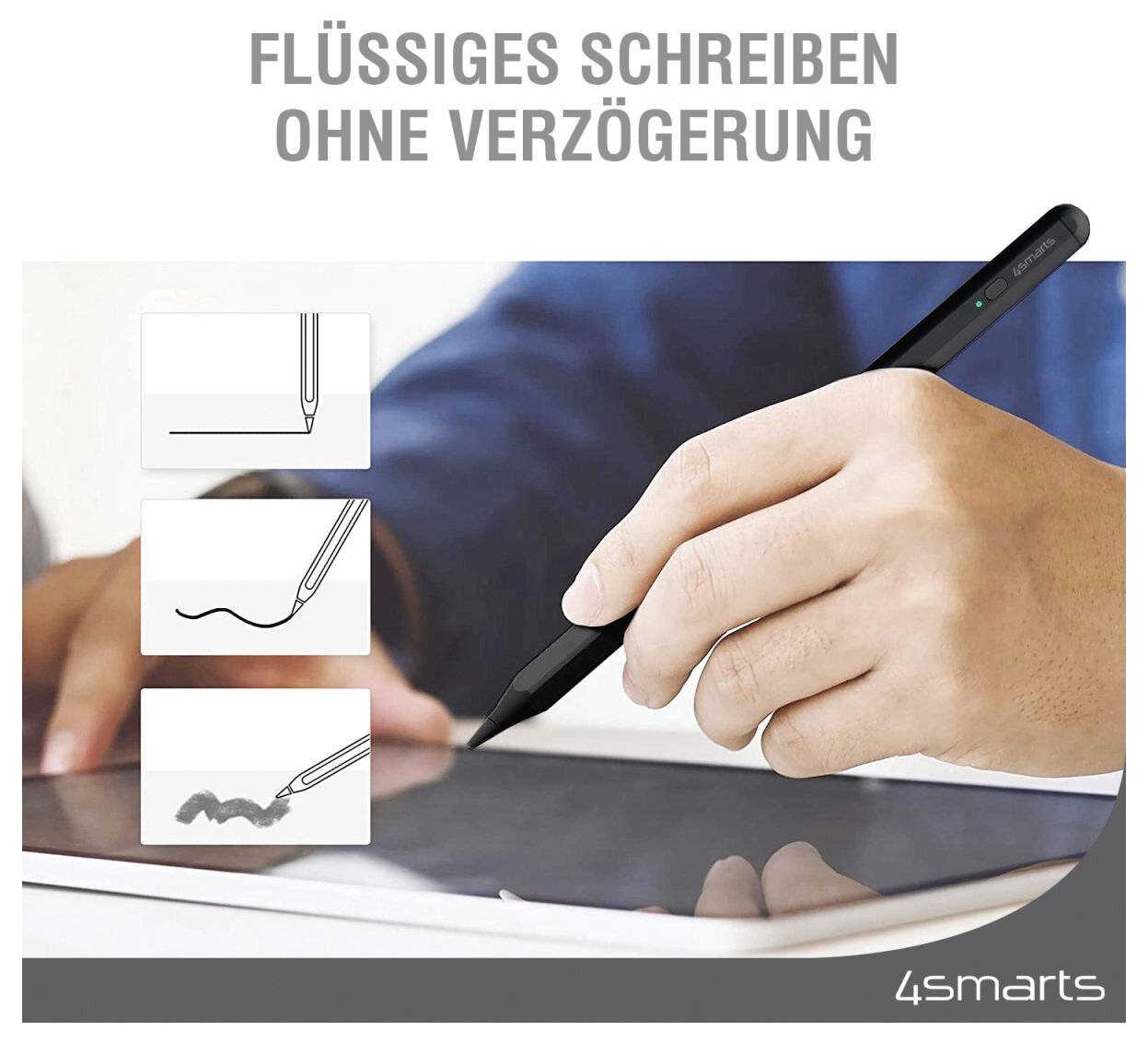 Hand hält einen Stift auf einem Tablet und zeigt flüssiges, verzögerungsfreies Schreiben; deutscher Text sagt „FLÜSSIGES SCHREIBEN OHNE VERZÖGERUNG".