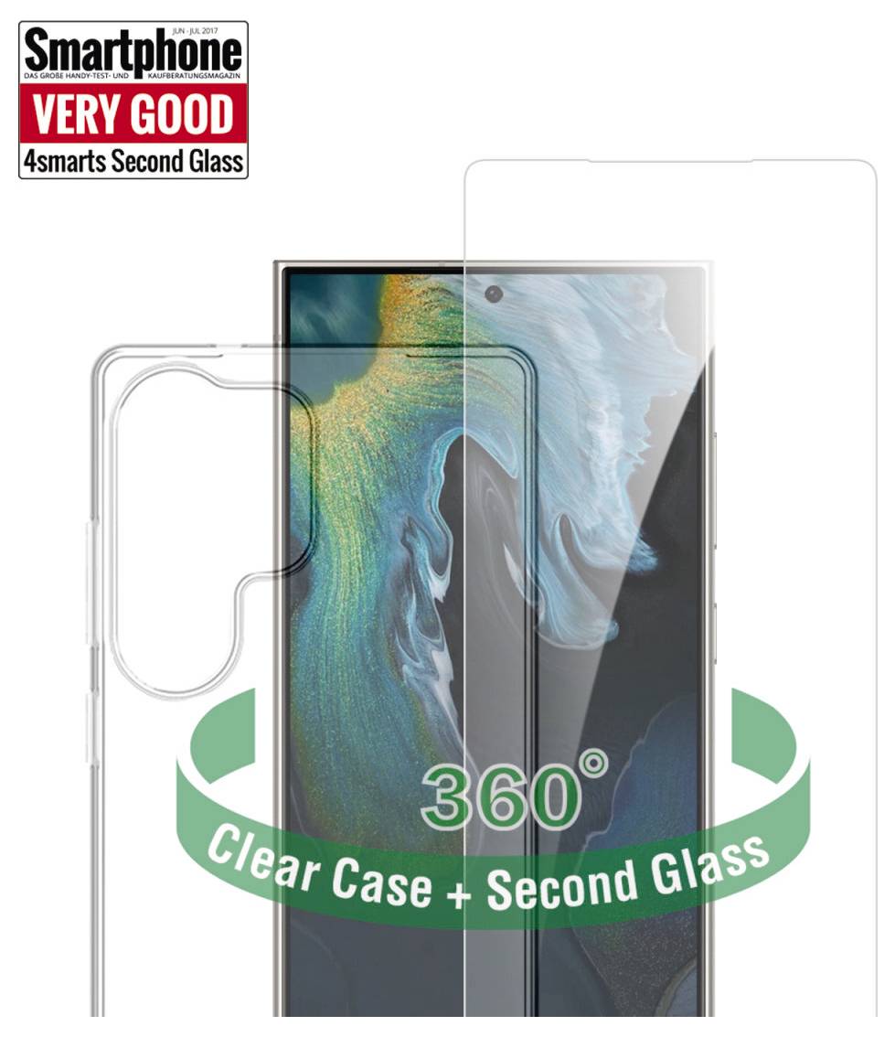 Anzeige für ein Smartphone-Hülle und Displayschutzfolie Set, das ein Telefon mit transparenter Hülle, zweiter Glasschicht und "360° Transparente Hülle + Zweites Glas" Text zeigt, bewertet mit "SEHR GUT" durch Smartphone.