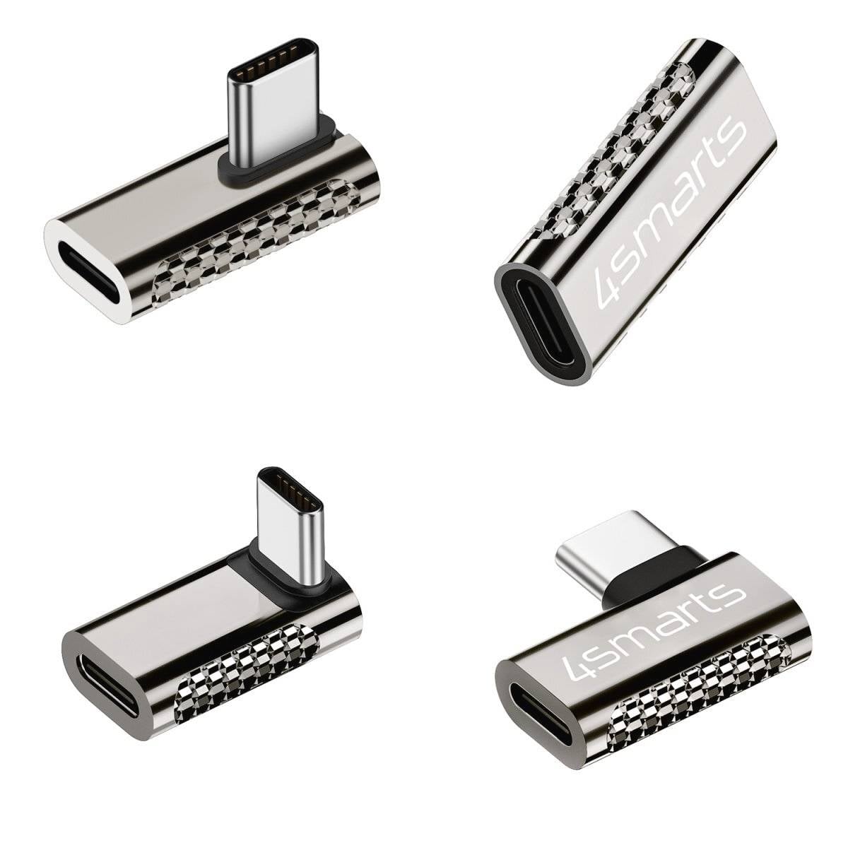 Vier Ansichten eines kleinen metallischen USB-C-Adapters mit schwarzem und kariertem silbernem Gehäuse, gezeigt vor weißem Hintergrund; „4smarts" auf zwei Ansichten gedruckt.
