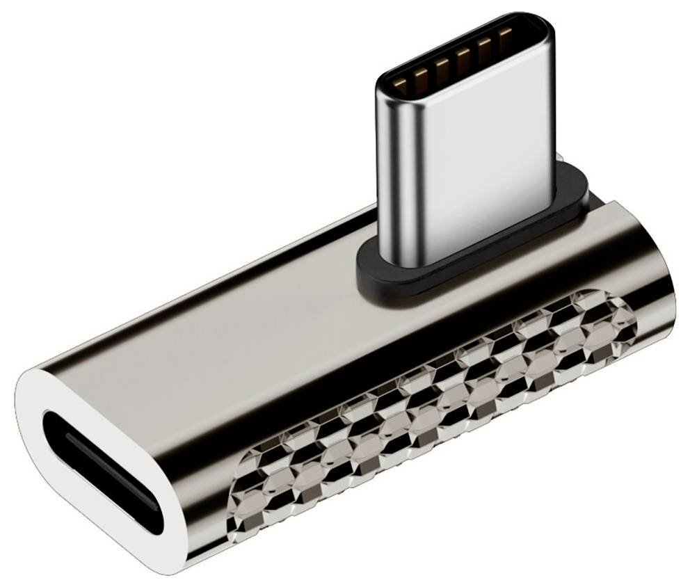 Silberner USB-C-Adapter mit USB-C-Stecker und weiblichem USB-C-Anschluss auf einem strukturierten metallischen Gehäuse