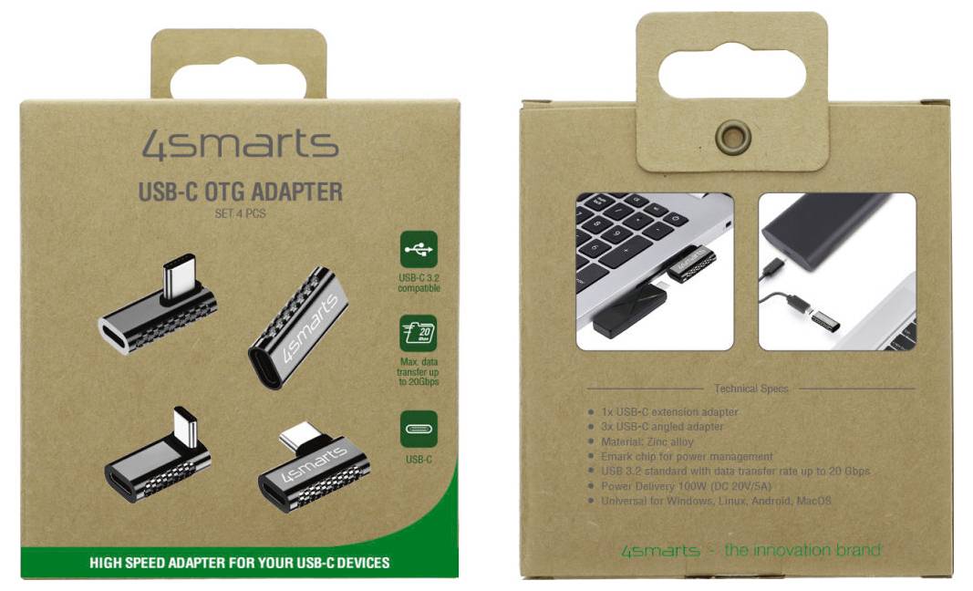Verpackung für 4smarts USB-C OTG-Adapter 4er-Set, zeigt vier Adaptertypen und Kompatibilitätssymbole für USB-C-Geräte.