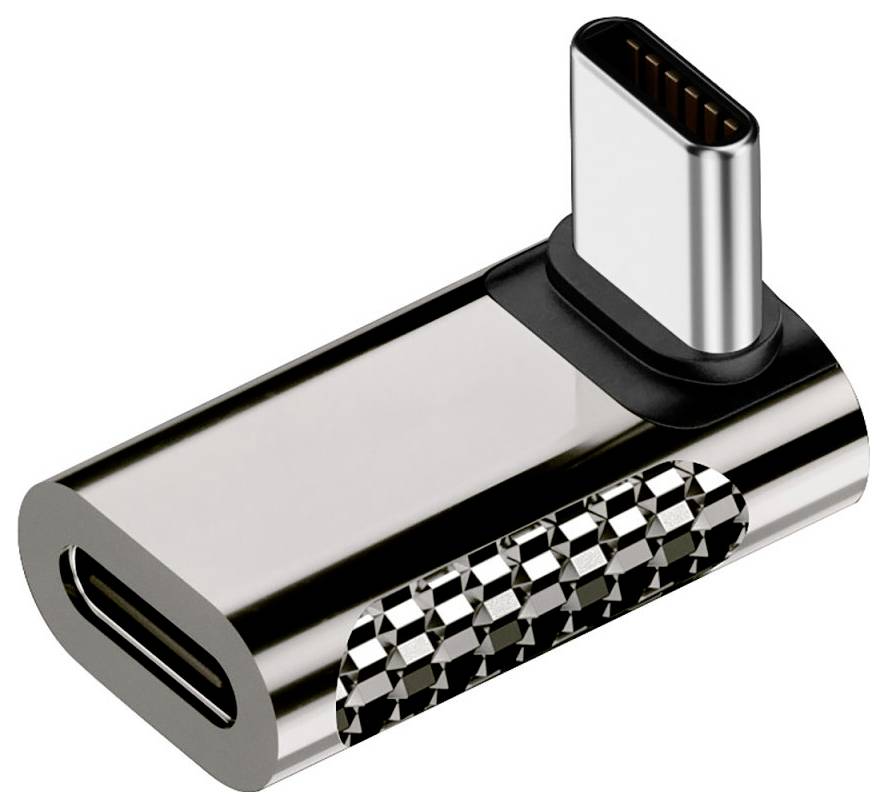 Rechtwinkliger USB-C-Adapter mit glänzendem silber- und schwarzem Metallfinish und strukturiertem Griff.