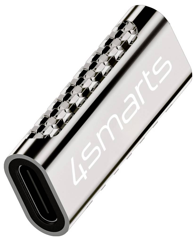 Ein kleiner silberner 4Smarts USB-C-Adapter mit strukturierter Griffoberfläche, auf weißem Hintergrund dargestellt.