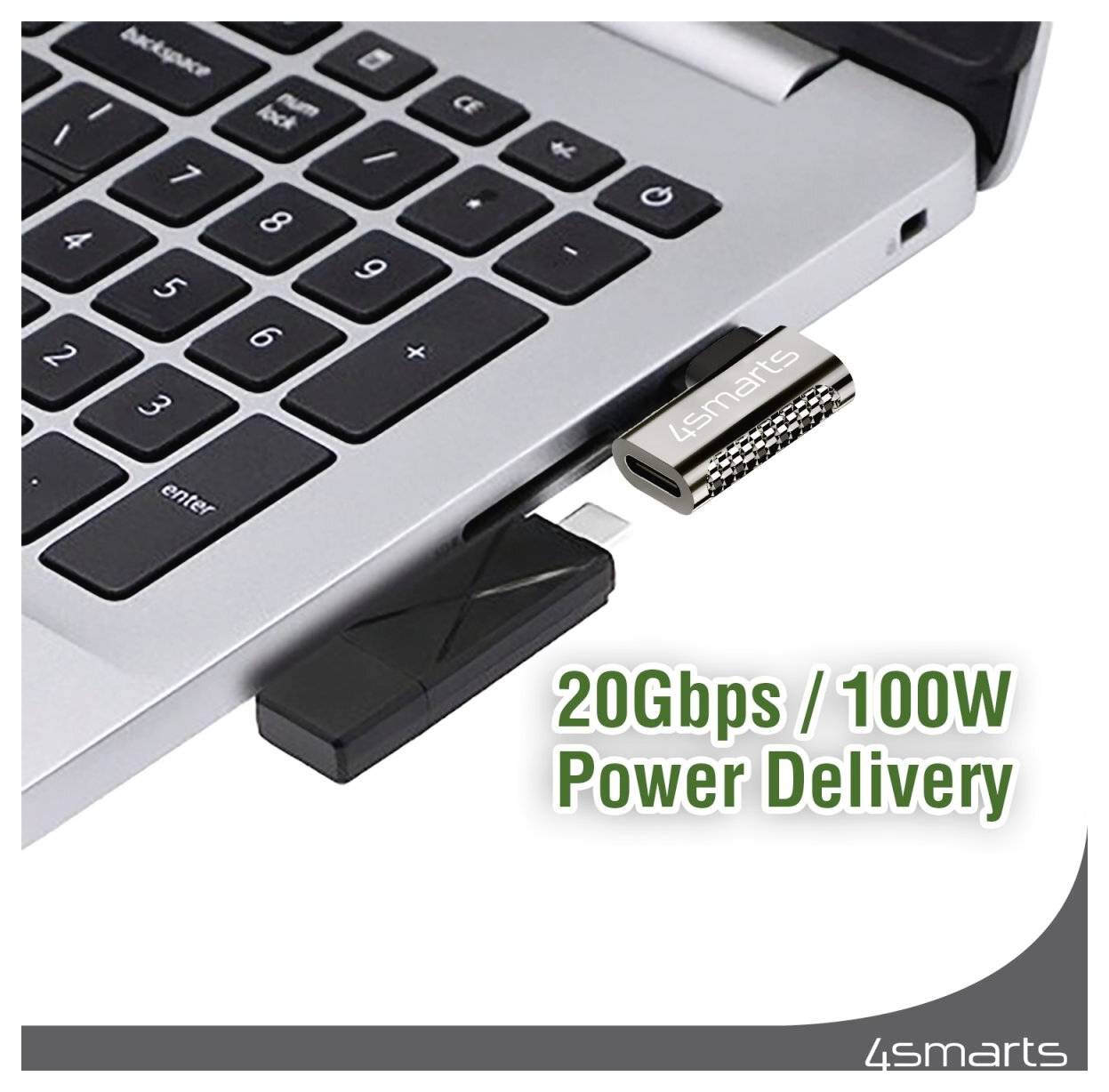 USB-C-Adapter in einen Laptop eingesteckt, beschriftet mit „20Gbps / 100W Power Delivery", zeigt Daten- und Ladeunterstützung.
