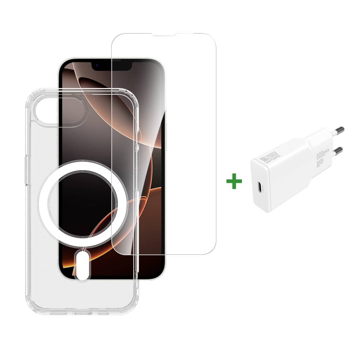 iPhone mit transparentem MagSafe-Gehäuse und Displayschutzfolie, plus weiße USB-C-Wandladegerät.