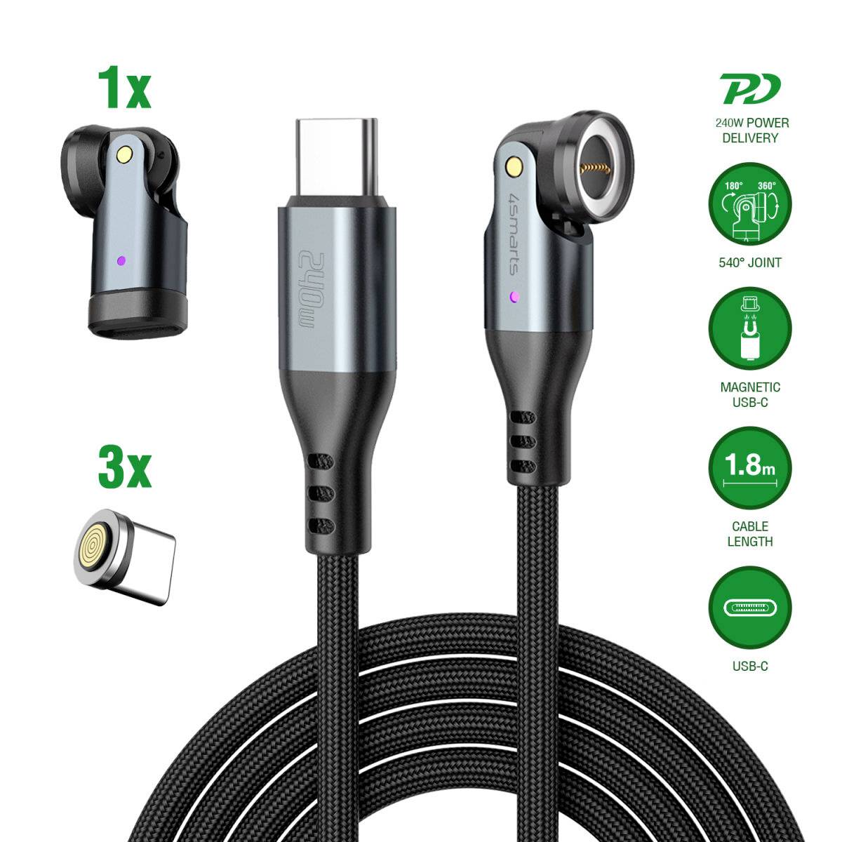 Magnetisches USB-C-Kabel mit 540-Grad-Drehverbinder, 240-W-Stromversorgung, 1,8 m Länge und 3 zusätzliche magnetische Stecker gezeigt.