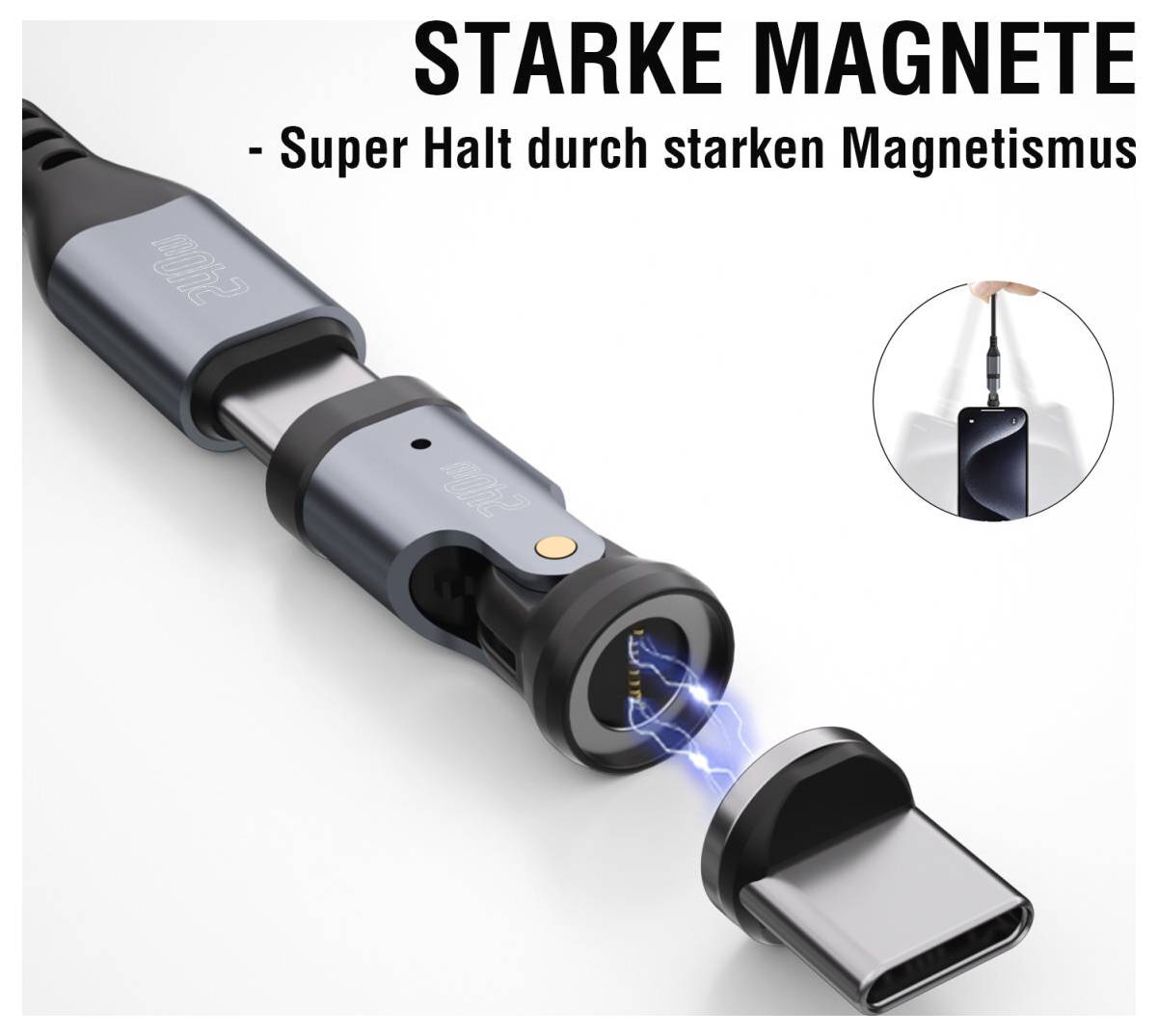 3D-Darstellung eines magnetischen USB-C-Ladekabels mit dem deutschen Text „STARKE MAGNETE - Super Halt durch starken Magnetismus", das zeigt, wie der Stecker einrastet.