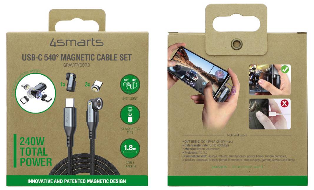4smarts USB-C 540° Magnetkabel-Set Verpackung, zeigt ein USB-C-Ladekabel, 240W Gesamtleistung, 1,8m Länge und Beispiele für die Verwendung des Magnetsteckers.