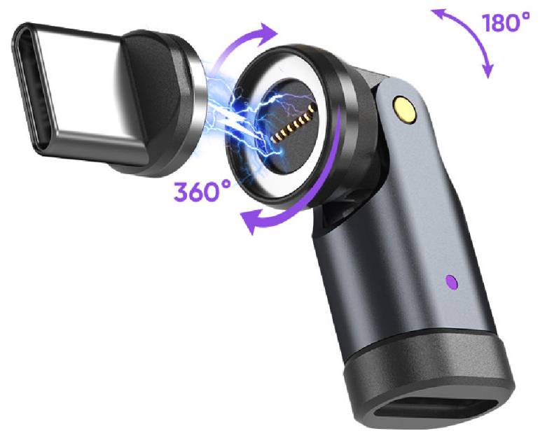 Tragbarer Steckdosenadapter mit magnetischem, drehbarem Anschluss, dargestellt mit 360-Grad-Schwenkung und 180-Grad-Klappfunktion für flexible Ladeoptionen.