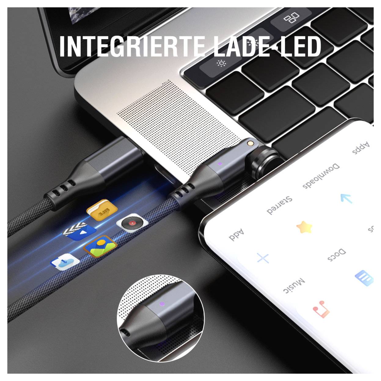 Ein Laptop mit einer integrierten Lade-LED ist neben einem Telefonbildschirm mit einem geflochtenen Kabel verbunden, mit Text „INTEGRIERTE LADE-LED" und einer vergrößerten Detailansicht im Inset.