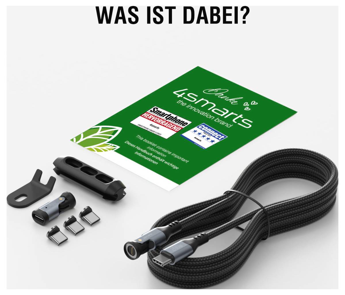 Produktabbildung mit einem grünen „4smarts"-Kabelpaket, geflochtenem USB-Kabel und beiliegenden Montageclips und Adaptern; die Überschrift lautet „WAS IST DABEI?"