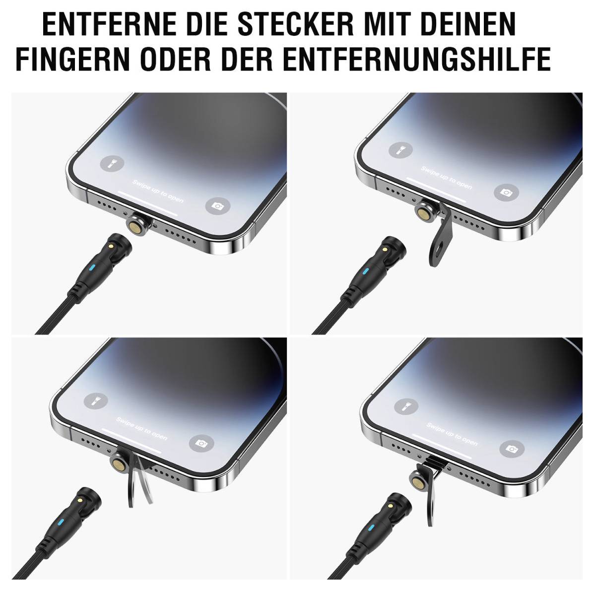 Anleitung zum Entfernen eines Ladesteckers vom Telefon mit Fingern oder dem mitgelieferten Abzieher.