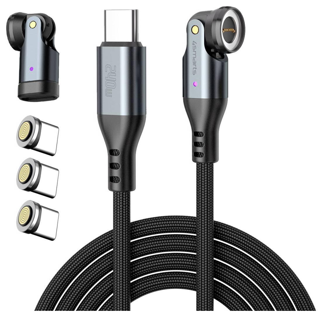 Schwarzes geflochtenes magnetisches Ladekabel mit USB-C-Stecker und rechtwinkliger Magnetverbindung, gezeigt mit drei austauschbaren magnetischen Spitzen.