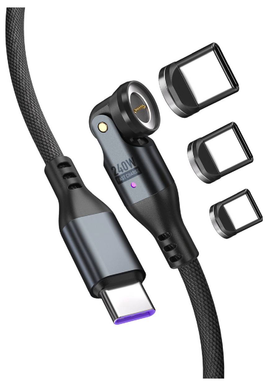 Magnetisches USB-C-Ladekabel mit drehbarem Steckkopf und drei daneben abgebildeten austauschbaren Steckspitzen.