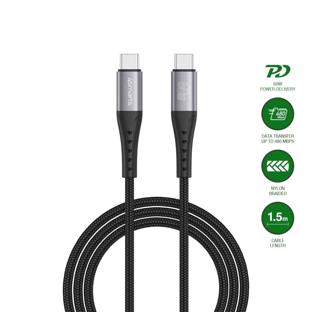 Bild eines schwarzen geflochtenen USB-C-Kabels mit zwei USB-C-Steckern, gekennzeichnet mit 60W Leistungsabgabe, bis zu 480 Mbps Datenübertragung und 1,5 m Länge.