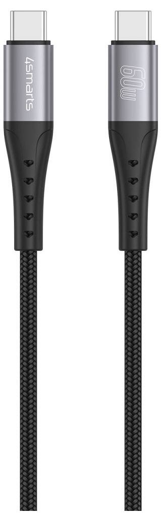 Zwei schwarze USB-C-Ladekabel mit geflochtenen Schnüren und Metallsteckern, von vorne und hinten gezeigt, um die Leistungsbewertungen von „45 Watt" und „60W" anzuzeigen.