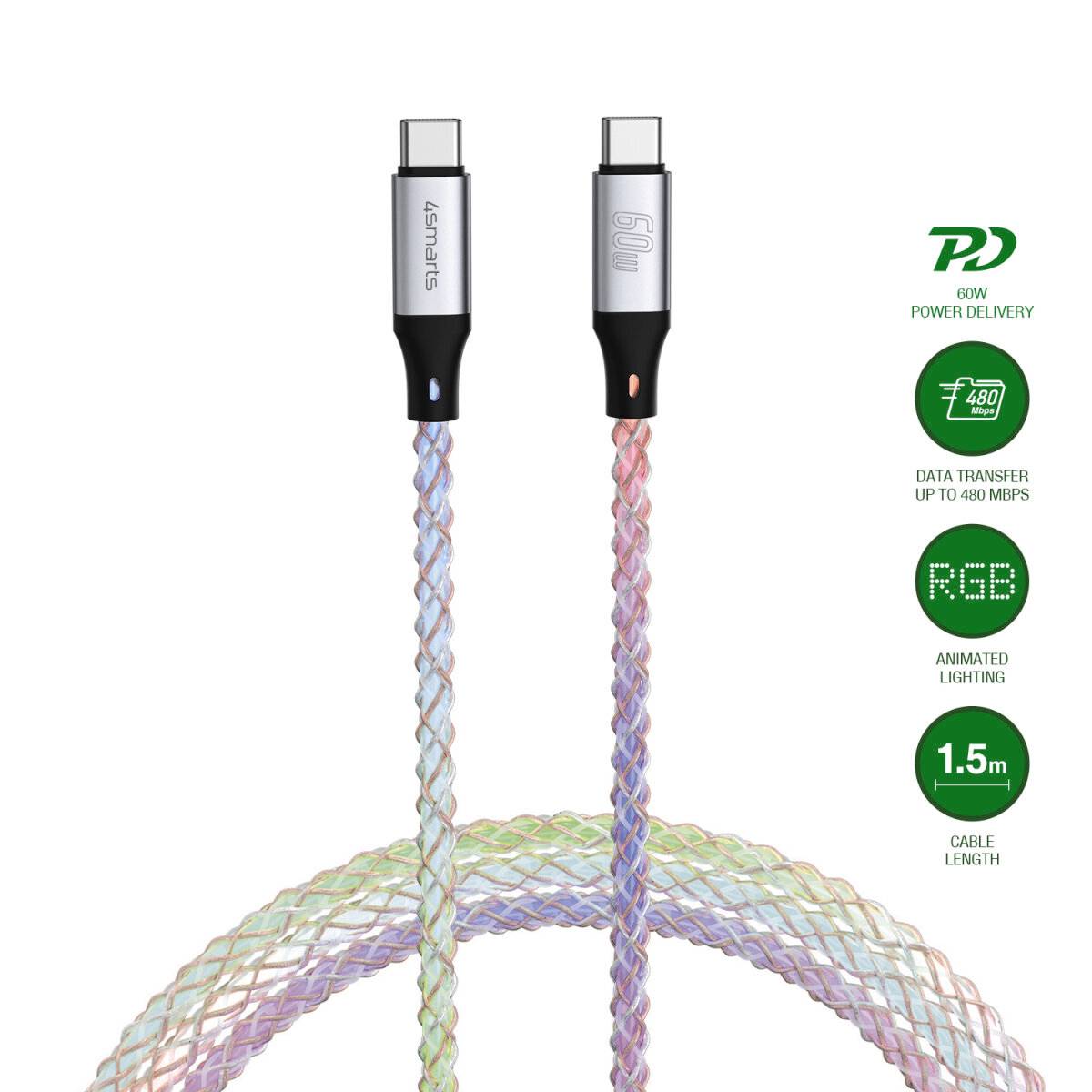 Zwei USB-C-Flachbandkabel mit farbwechselnden gewebten Litzen, gekennzeichnet mit 60W Power Delivery, 480 Mbps Datenübertragung, RGB-Beleuchtung und 1,5 m Länge.