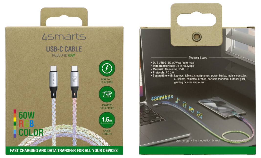 Produktverpackung für ein 4smarts USB-C-Kabel mit geflochtenem Kabel und Steckern, mit Angaben zu 60W Schnellladung, 480 Mbps Datenübertragung und 1,5 m Länge.