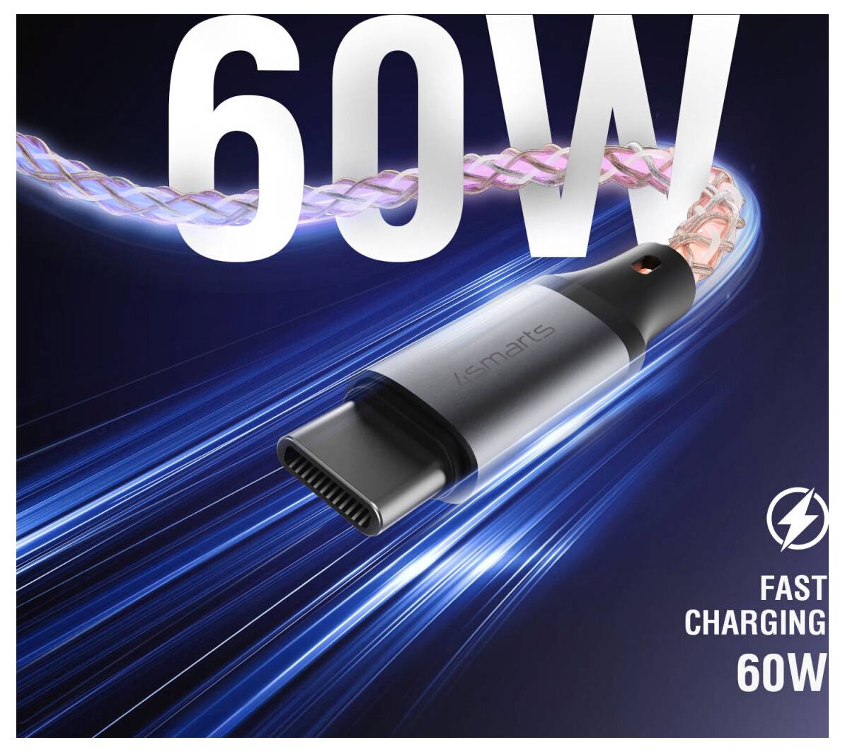 Werbebild eines USB-C-Ladekabels mit großem „60W"-Text und „FAST CHARGING 60W"-Symbol, das schnelle Stromlieferung zeigt.
