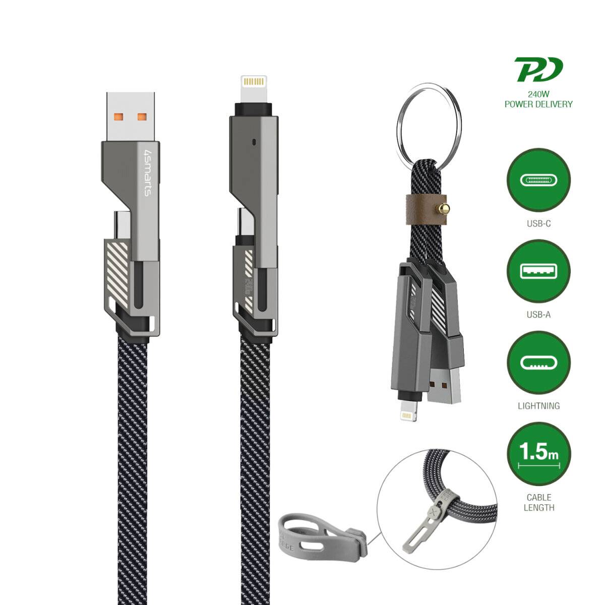 3-in-1-Ladekabel mit USB-C-, USB-A- und Lightning-Anschlüssen, 240W Stromversorgung, 1,5 m Länge und Schlüsselanhänger-Öse für tragbare Nutzung.