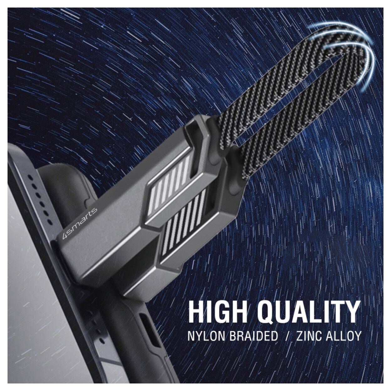 Nahaufnahme eines Telefonkabels mit einem Zinklegierungsstecker und nylongeflochtenem Kabel, beschriftet mit „HIGH QUALITY" (HOCHWERTIG) und „NYLON BRAIDED / ZINC ALLOY" (NYLONGEFLOCHTEN / ZINKLEGIERUNG).