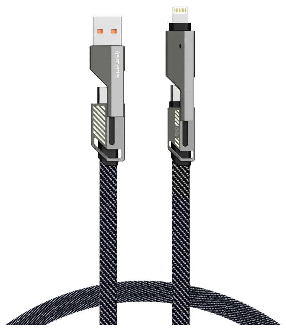 Illustration eines geflochtenen Ladekabels mit USB-A-Anschluss an einem Ende und Lightning-Anschluss am anderen Ende.