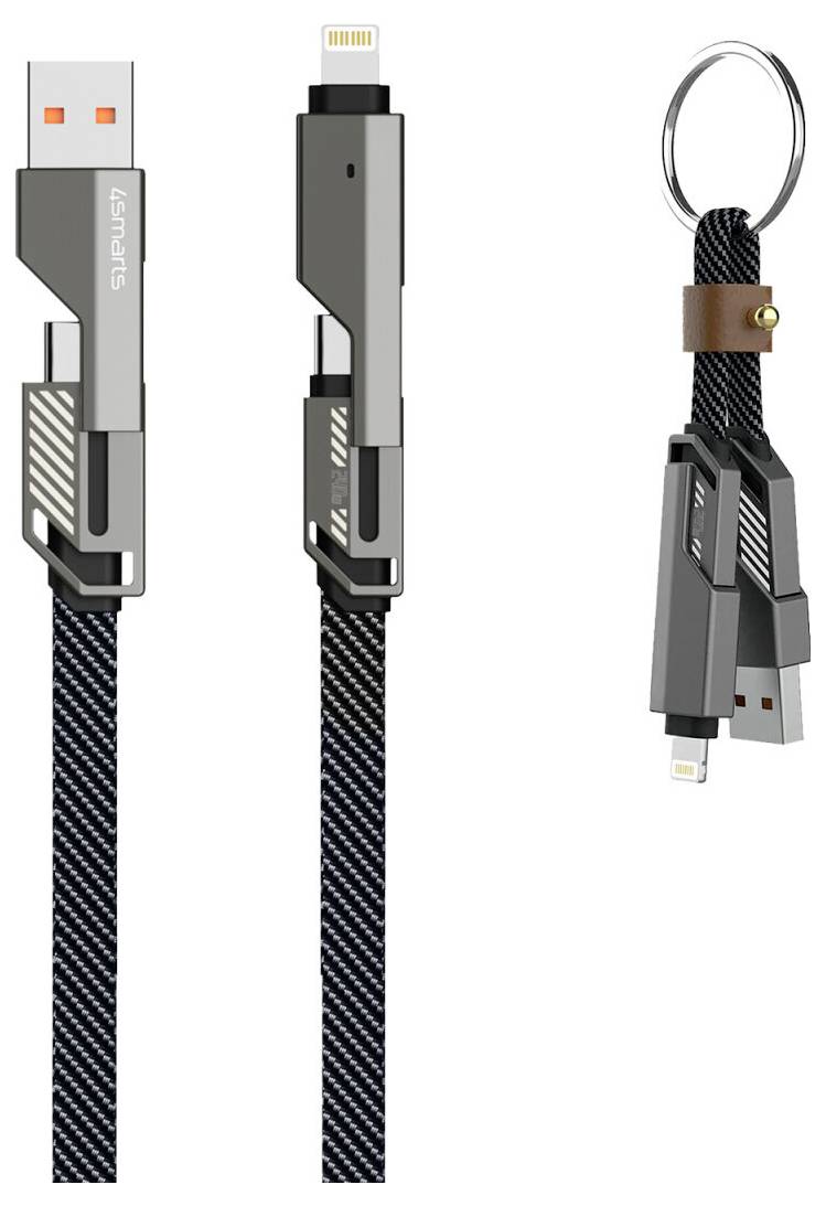Drei Ansichten eines geflochtenen Ladekabels mit USB-A-Anschluss an einem Ende und Lightning-Anschluss am anderen Ende, dargestellt als angeschlossenes Kabel und als Schlüsselanhängerschleife.