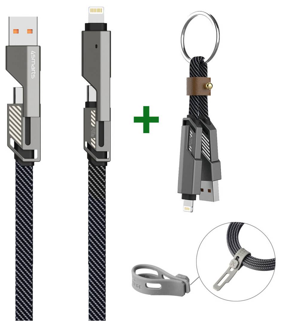 Geflochtenes USB-Ladekabel mit USB-A- und Lightning-Anschlüssen, mit Schlüsselring-Schlaufe und Kabelband-Zubehör zum Tragen und Organisieren.
