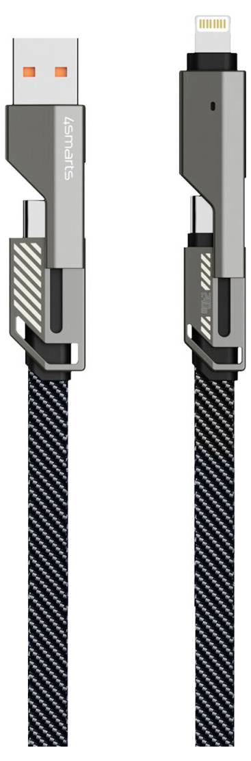 Nebeneinanderstellung einer Nahaufnahme eines geflochtenen USB-Kabels, das zwei verschiedene Anschlüsse zeigt: USB-A auf der linken Seite und Lightning auf der rechten Seite.