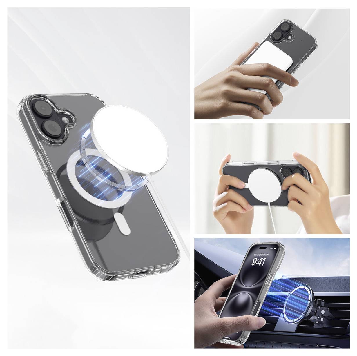 Collage zeigt einen magnetischen Handyringständer und eine Halterung, die an einem Smartphone befestigt sind, zum Greifen, Anschauen und zur Befestigung im Auto.