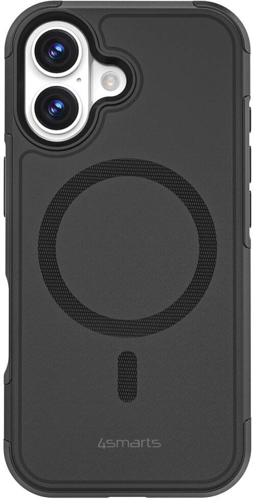 Schwarze iPhone-Hülle mit MagSafe-Ring und Ausschnitt für Dual-Kameraobjektive, Vorderansicht.