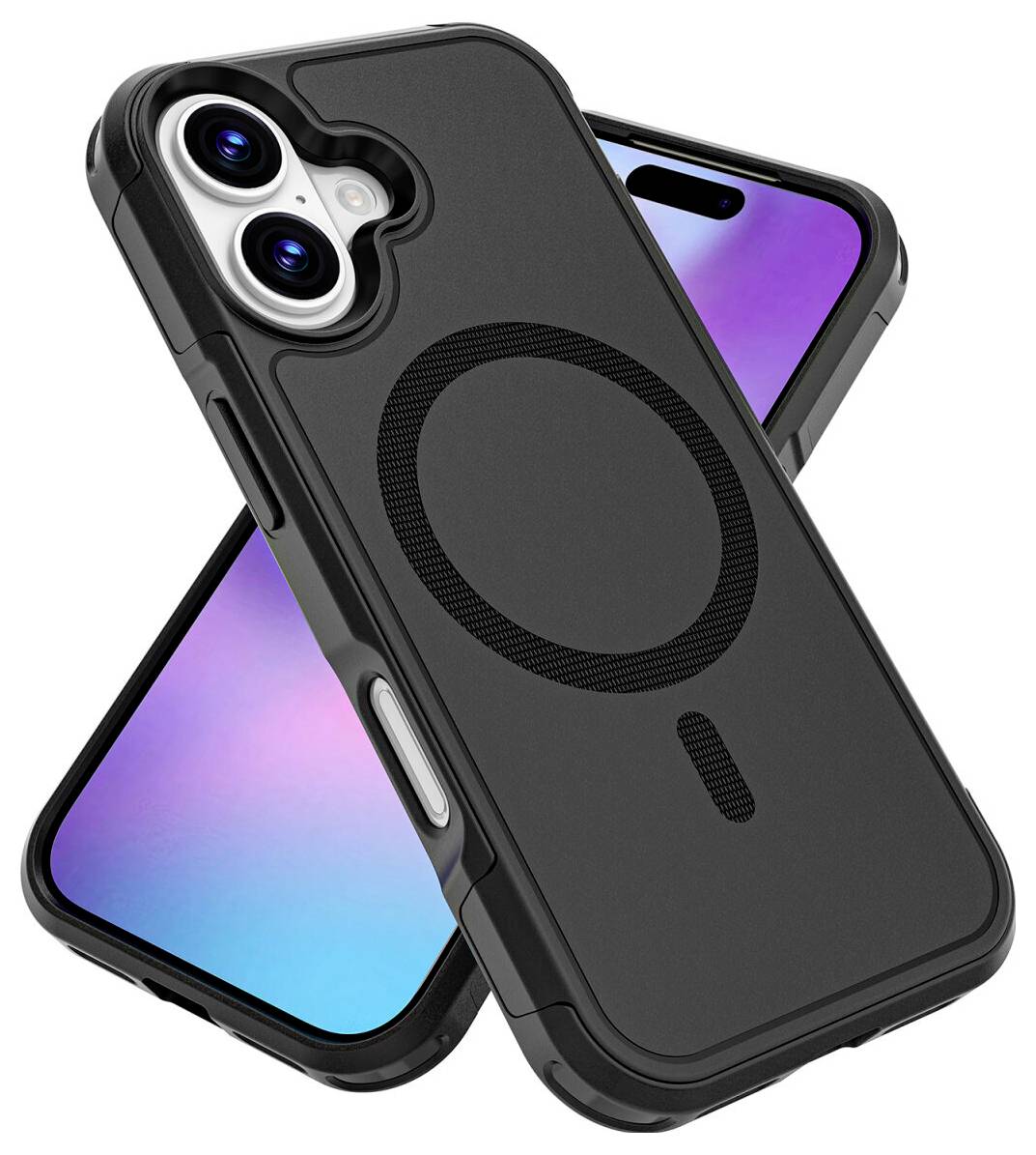 Schwarze Smartphone-Hülle mit integriertem MagSafe-ähnlichem Ring, gezeigt auf einem iPhone, mit erhöhtem KameraObjectivschutz und strukturiertem Griffdesign.
