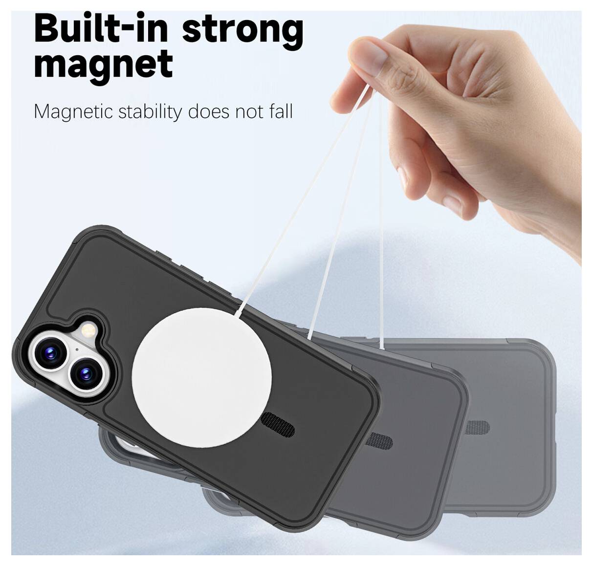 Hand hält eine schwarze Handyhülle, die magnetisch an anderen Hüllen befestigt ist, beschriftet mit „Eingebauter starker Magnet" und „Magnetische Stabilität fällt nicht ab".