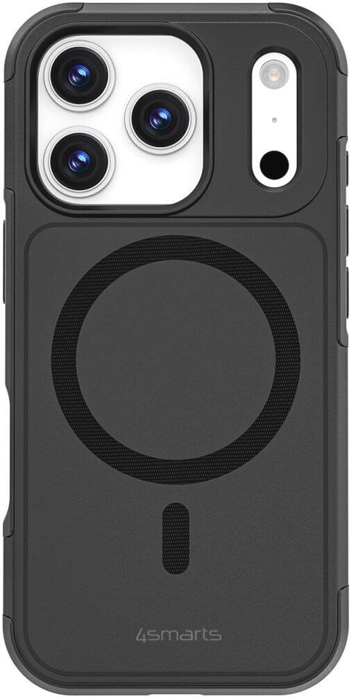 Schwarze 4smarts Handyhülle von hinten gezeigt, mit MagSafe-ähnlichem kreisförmigem Ausrichtungsring und Aussparungen für eine Triple-Kamera des iPhones.